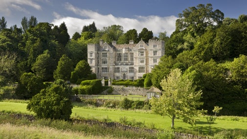 The pale stone exterior of Fountains Hall which was built between 1598 and 1611, partly with stones from the ruins of Fountains Abbey, North Yorkshire.